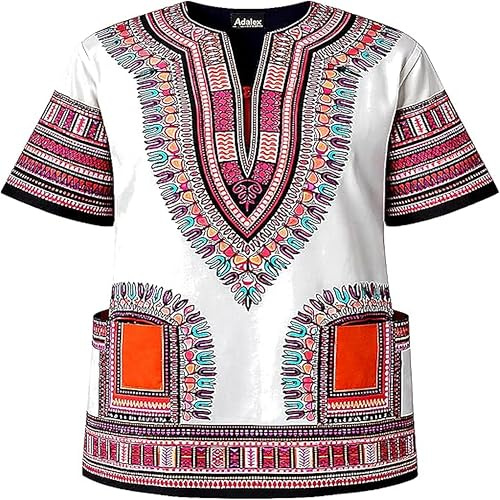 Adalex Global Camicia Unisex Tradizionale Africana Dashiki, Piccola, Bianco/Arancione/Viola, S Adulto