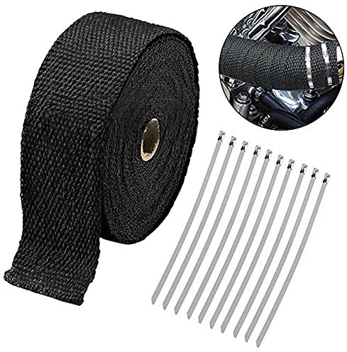 SacJkt Auspuff Hitzeschutzband, Schwarz Auspuffband mit 10 Stück Edelstahl Kabelbindern, Basaltfaser Auspuffband Krümmerband für Motorrad Auto (5cm x 5m)
