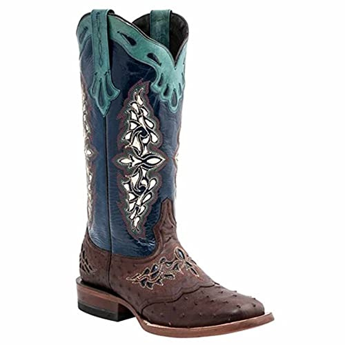 BBOOY Stivali Western da Donna, Stivali da Equitazione Vintage con Tacco Grosso Cowgirl Cowboy a metà Polpaccio con Punta Quadrata in Pelle Ricamata,Blu,38