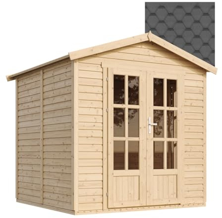 TIMBELA M351FB: Modernes Holzhaus als Home-Office, Abschließbares Gartenhaus, Schwarz mit Bitumenschindeln, B233xT222xH233 cm