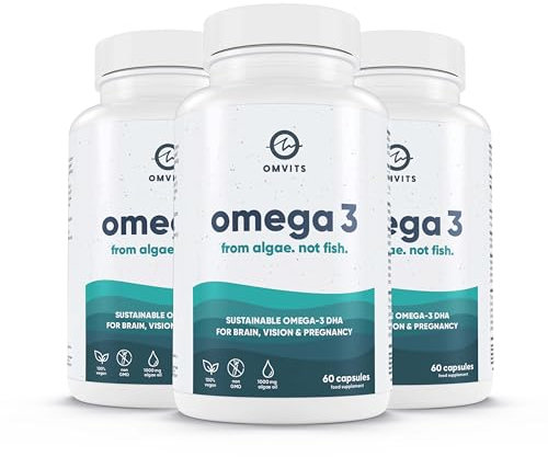 Omvits Vegan Omega 3 DHA from Algae Oil 1000mg - 180 Softgel Capsules with Vitamin E - Sustainable Algal Alternative to Fish Oil - Vegetarian Essential Fatty Acids - Supports Heart, Brain & Eyes