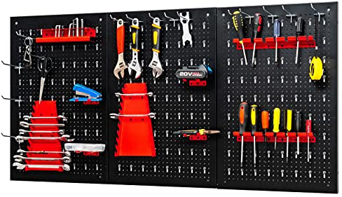 GOPLUS Panneau Mural Perforé pour Rangement d’Outils, Noir+Rouge | Organiseur d’Atelier avec 28 Crochets, 120 x 2 x 60 cm, Noir+Rouge