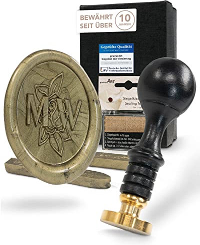 gravurART Siegelset Siegelstempel personalisiert incl. 2 Stangen Siegelwachs und Goldkissen - Einladungen mit Wachssiegel personalisiert Stil Lina