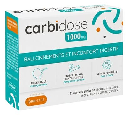 Carbidose Charbon Actif Hautement Dosé – 1 Sachet = 1000mg + 250mg d’Inuline – Action Ciblée Brevetée – Complément Alimentaire Ballonnements, Charbon Végétal Activé Naturel (1)