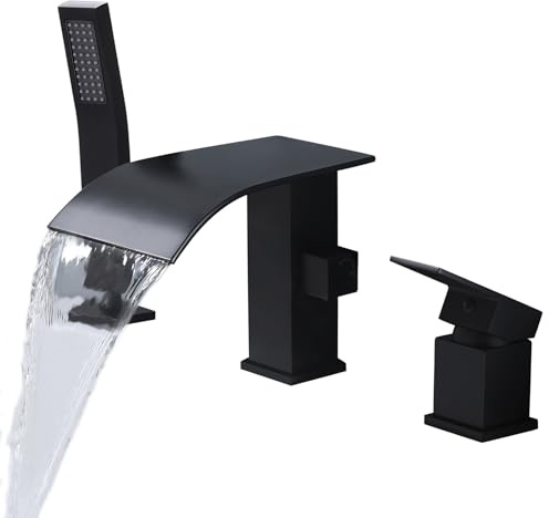 FSCEPIXI Waterfall Roman Tub Faucet with Hand Shower, Deck Mount Tub Filler Bathtub Faucet with Sprayer, Single Handle Bathtub Faucet Set, Brass Widespread 3 Hole Bathtub Shower Faucet Set Matte Black