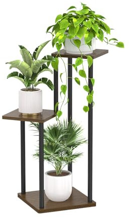LyTaispuly 3 Etagen Hölzern Metall Pflanzenständer Innen Außen, 80cm Ecke Blumenregal Pflanzenregal für Mehrere Pflanzen, Blumenständer Pflanzentreppe für Outdoor-Balkon Garten Wohnzimmer (Eiche-3)