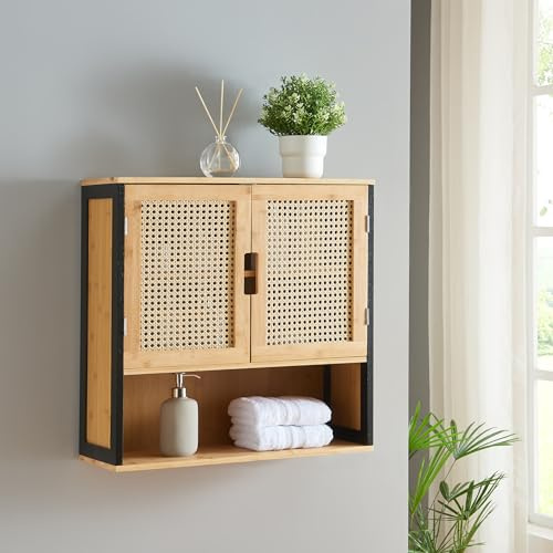 [en.casa] Armadio da Parete per Bagno con 2 Ante e 2 ripiani con Scomparto Chiuso e Aperto Arredo Bagno Pensile da Stoccaggio 60 x 60 x 20 cm in Bambù - Nero/Naturale/Effetto Rattan