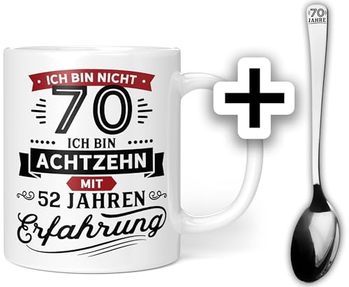 Geschenk Geburtstag 70 Tasse mit Löffel | Ich bin nicht 70 | 70 Geburtstag Mann Frau Geschenkideen Scherzartikel Lustig - Keramik 300ml (Zum 70. Geburtstag + Löffel)