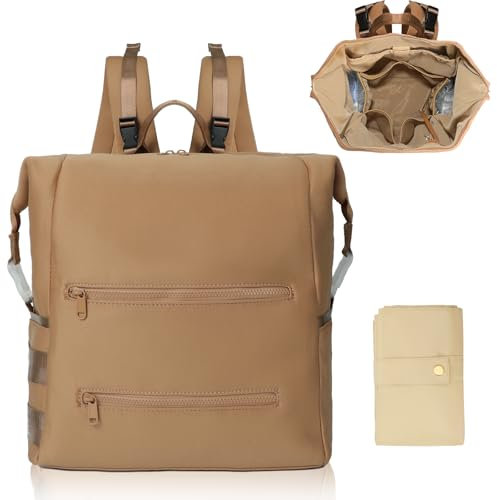 MISS FONG Baby Wickelrucksack Wickeltasche Rucksack, Baby Neopren-Wickeltasche Groß,mit 15 Babytaschen-Organizer,Faltbarer Wickelunterlage, Weit öFfnender Babytasche für Mama und Papa, Braun