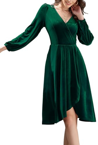 Meetjen Women's Elegant Velvet 2025 Long Sleeve Midi Dress Flowy Wrap Winter Cocktail Party Evening Dress Dark Green XL