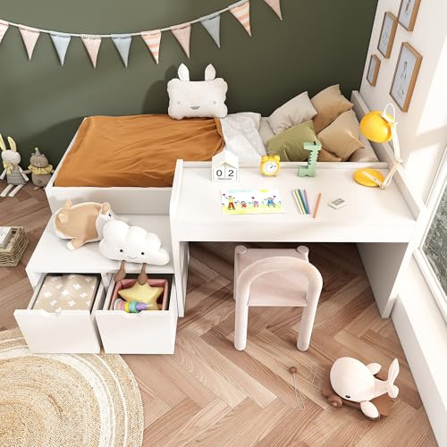 ModernLuxe Kids Single Bed with Desk and Drawers, 3FT Children's Bed with Storage Space, Wooden Slatted Frame, Lying Surface Suitable for Teenagers & Adults, White, 90x190cm (No Mattress)