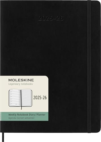 Moleskine Weekly Planner 2025-2026, 18-Month Weekly Planner With Note Space, Soft Cover and Elastic Closure, XL 19 x 25 cm, Colour Black