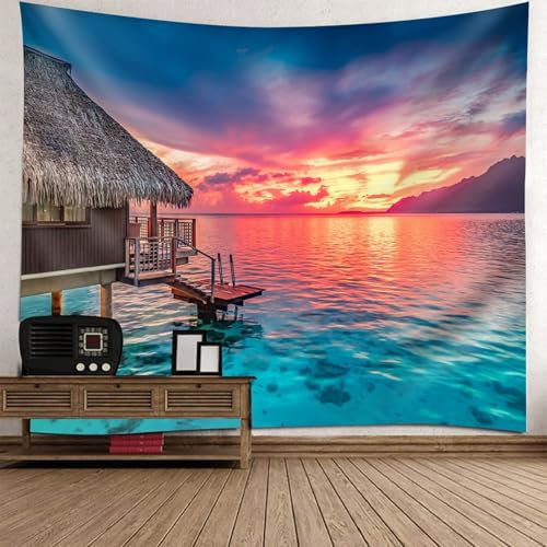 Calefee Wandteppich Groß 350x256cm, Wandbehang Polyester für Schlafzimmer, Tapisserie Meer, Sonnenuntergang und Holzhaus