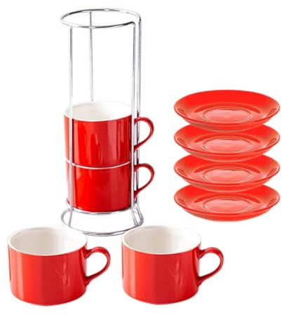 Yominerr Tazas de Capuchino Apilables de Porcelana con Platillos y Soporte de Metal, Tazas de Espresso para Café con Leche, Café de Especialidad A