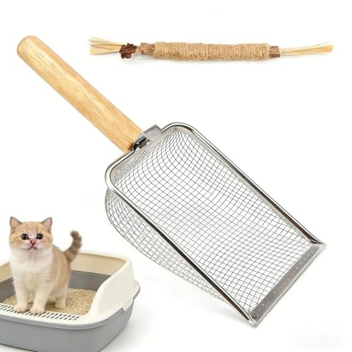HUANR Metallo Paletta per Lettiera Gatto, Acciaio Inossidabile Cat Litter Scoop 6 Maglie Paletta Lettiera Gatti, con Giocattolo per Gatti, Manico in Legno Setaccio per Lettiera per Gatto, per Lettiera