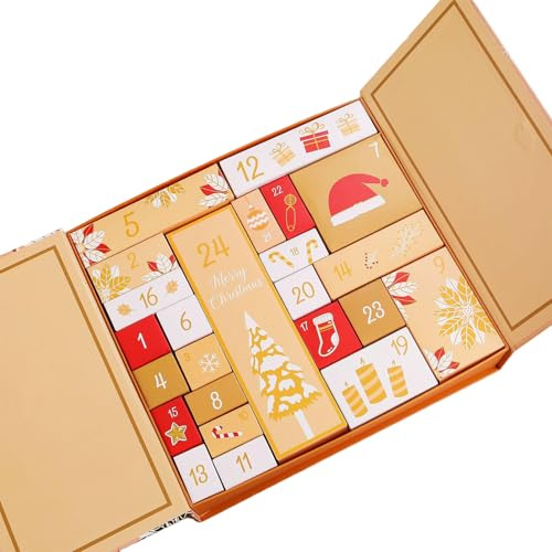 Christmas Advent Calendar 2024, 24 Days Empty Fillable Countdown Box for Kids Family Holiday Decor Gold
