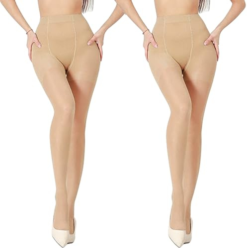 Risipu 2 Pairs Women 40D Compression Tights Soft Elastic High Waist Pantyhose Support Tights (UK, Alpha, One Size, Regular, Regular, 2 Skin)