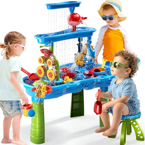 Kinder Sand Wasser Tisch Spielzeug für Kleinkinder, 3-Tier Outdoor Sand und Wasser Tisch für Kinder, Kinders Strand Spielzeug Aktivität Sensorische Spieltisch Sommer Spielzeug für Kleinkind Alter 3-5