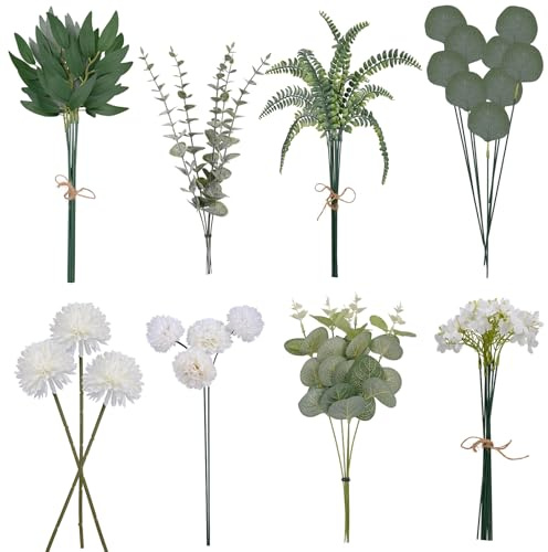 Gerbala 55 Pezzi Fiore Artificiale, 8 Tipi Bouquet di Fiori Artificiali, Pianta Artificiale da Interno, Rami Decorativi, Foglie Finte per Decorazioni per Casa, Matrimonio, Ufficio, Esterno, Interno