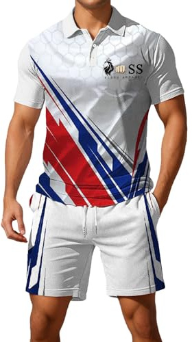 WAZHAKU Trainingsanzug Herren Jogginganzug Sommer Outfit Oversized Arbeitsanzug Zweiteiler Outfit Fitnessanzug 2-Teilig Poloshirt + Jogging Shorts Freizeit Atmungsaktive Lustige Sportswear