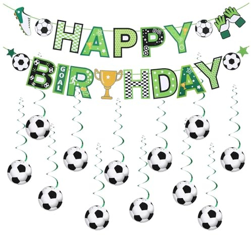 Fussball Deko Geburtstag Kinder, Fußball Deko Happy Birthday Girlande | Partydekorationen Geburtstagsgirlande Set Spiralen und Banner, Fußball Party Geburtstagsdeko Jungen für Fußballfans