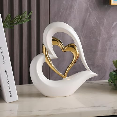 Generico Scultura decorativa con doppio cuore in ceramica bianca o nera con dettagli oro – simbolo d’amore moderno per casa, soggiorno, camera da letto o regalo romantico – 21x6.5x22 cm (bianco)
