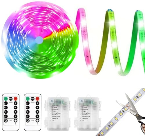 Sunshine smile 2 Stück LED Strip Batteriebetrieben 1m,8 Modi LED Strip Batteriebetrieben,LED Streifen Schmal Bunt,LED Lichtleiste Batterie mit Timer für Schränke,Treppen,Küche, Betten