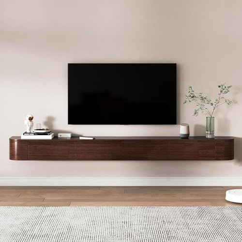 Kchsdool Modernes Hängendes TV Lowboard mit LED-Beleuchtung, Wandmontierte TV-Kommode aus Massivholz mit Schubladen und Regalen, Medienkonsole für Wohnzimmer (Braun, 200CM)