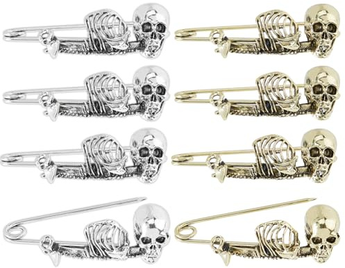 SUPerfINDINGS 8 st 2 färger dödskalle säkerhetsnål gotisk punk säkerhetsnål antik färg stor säkerhetsnålar brosch legering kiltstift skelett brosch för kläder halsduk ryggsäck