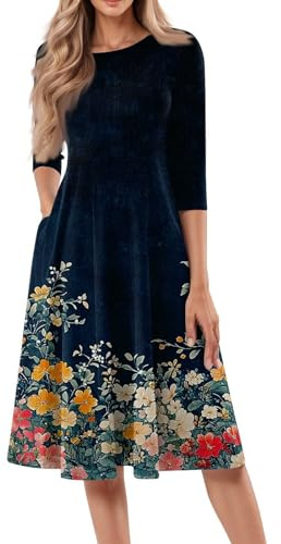 Vestidos de verano para mujer, vestido floral bohemio para mujer, manga 3/4, vestido cruzado de verano, vestido fruncido, vestido midi de primavera, vestidos de vacaciones fluidos con bolsillo