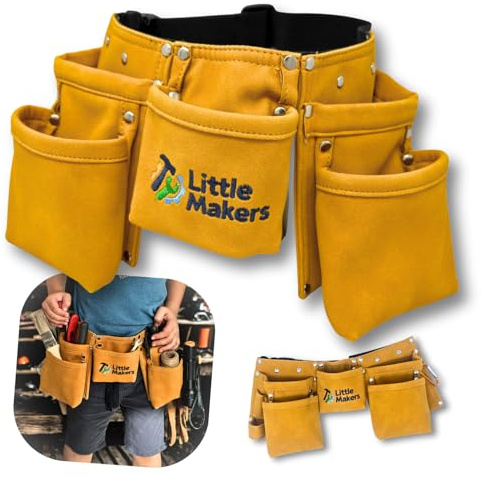 Little Makers® Ceinture à outils pour enfants – Ceinture d'artisans robuste pour petits constructeurs avec poches à outils, boucle pour marteau et mousqueton pour travailler, construire et bricoler