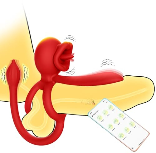 Anello vibrante per pene con plug anale, vibratore clitorideo, 9 modalità di vibrazione e 9 modalità di leccamento della lingua, massaggiatore anale e clitorideo per stimolare il punto G (Rosso)