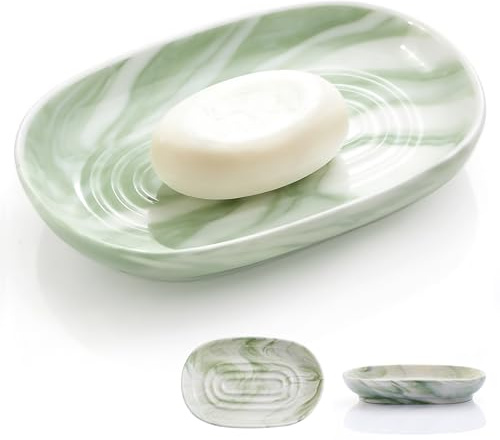 Seifenschale Keramik, Anti-Rutsch Seifenschale Marmor, Seifenablage Waschbecken, Seifenhalter, Seifenteller für Badezimmer, Dusche und Küche (Grün)