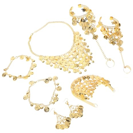 UKCOCO Bijoux Danse Du Ventre Doré Complet pour Femme Chaîne de Tête Collier Bracelets Chevillères et Boucles Oreilles Légeres pour Spectacles et Festivals