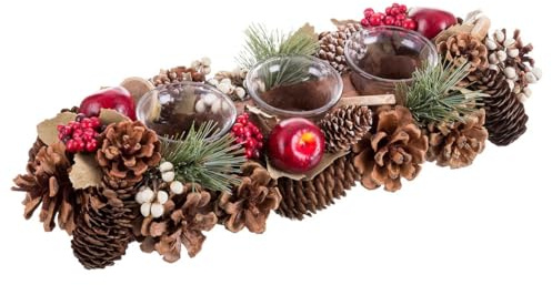 LOLAhome Centro de Mesa Navideño con Portavelas Integrado. Su Elegante Acabado lo Convierte en el Adorno Celebraciones de Navidad. (Natural, 3 portavelas - 36cm)