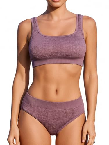 CUPSHE Bikini da donna con scollo quadrato, due pezzi, costume da bagno sportivo testurizzato incrociato, vita media, Viola polvere., L