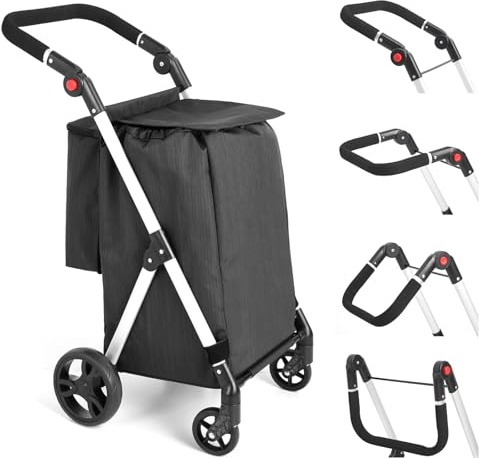 LEUYA ABC Carros de Compra, con Bolsillo para Congelados, 46L Carro de la Compra de 4 Ruedas, Carrito Compra Plegable de Aluminio (Negro)