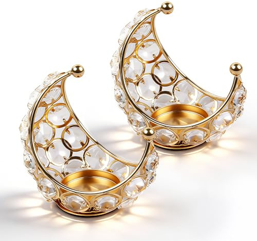 Ramadán Portavelas Decorativo Dorado, para salón, Moderno, Luna, portavelas de Cristal, portavelas de Metal, decoración de Mesa para Bodas, Fiestas, ramadán (Dorado, 1 Unidad)