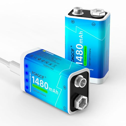Batería recargable de 9 V, 1480 mAh, iones de litio de 9 V, carga rápida a través de USB-C (2 unidades)