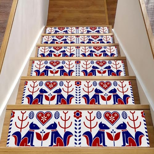 RODAILYCAY 15 tappetini antiscivolo per gradini in legno, tappeti scandinavi per scale folk scandinave, tappeti per scale da interni, tappetini di sicurezza per anziani, bambini e cani