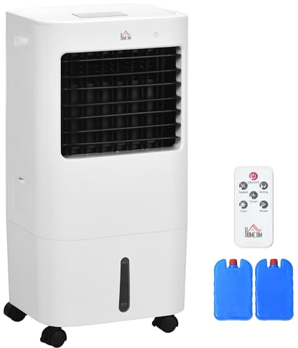 HOMCOM Condizionatore Portatile, Raffrescatore Evaporativo 3 in 1, Ventilatore con Ghiaccio e Deumidificatore, 3 Velocità, 9 Modalità e Telecomando, Raffrescatore da 65W in ABS, 32x37x74 cm, Bianco