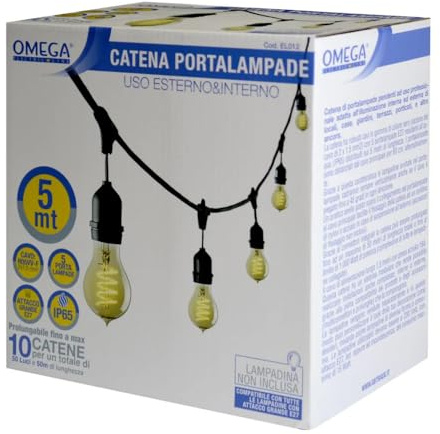 Generico Catena Luminosa 5 Metri con 5 Portalampade E27 - Cavo Nero Professionale IP65 per Esterno e Interno - Catenaria Prolungabile fino a 50m - Ideale per Giardino, Terrazzo, Locali e Feste