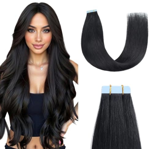 Sunya Tape Extensions Echthaar Tiefschwarz Tape In Extensions Echthaar Natürliche Echthaar Haarverlängerungen Invisible Seidig Gerade Skin Weft Tape Ins Hair Extensions 60cm 20 Stück 50g/Pack