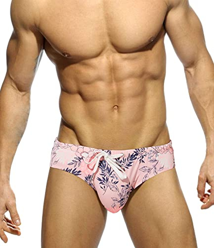 MIZOK Men Swimsuit Bikini Briefs with Adjustable Drawstring Pink M
