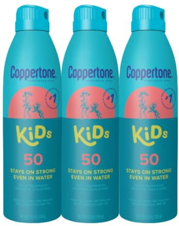 Coppertone Kids Sunscreen Spray SPF 50, Water Resistant Spray Sunscreen for Kids, Free From Oxybenzone, Octinoxate, PABA and Dyes, Pediatrician Recommended Sunblock, 5.5 Oz Can, Pack of 3