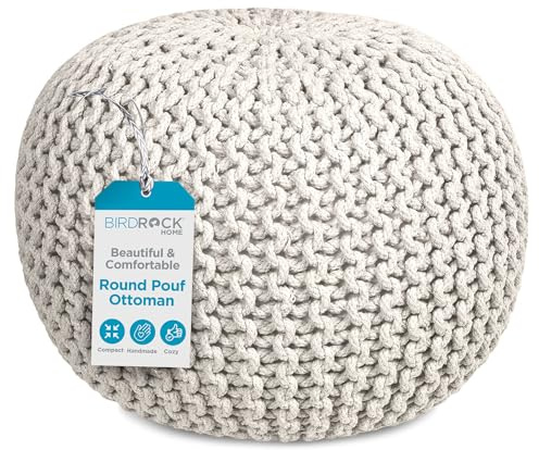BIRDROCK HOME Round Pouf Ottoman | Cotton Braided Foot Stool with Bean Bag Filling | Boho Foot Rest for Living Room & Bedroom | Compact & Comfortable Seating, Lightweight & Soft | Natural