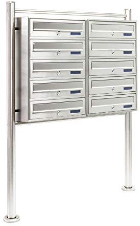 Wiltec 10er Briefkastenanlage Edelstahl 945 x 270 x 1500 mm, Standbriefkasten mit 2x5 Fächern, Schlüssel und Namensschild, Briefkasten Postkasten mit Ständer