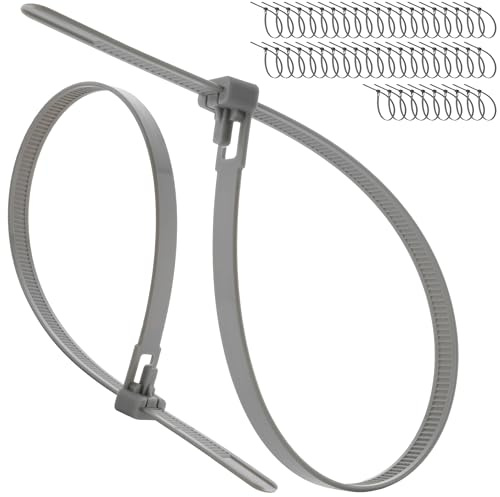 On1shelf Releasable Cable Ties 7.6mm x 370mm Grey, 50 Pack Heavy Duty Reusable Zip Ties, Adjustable Removable Nylon PA66 Tie Wraps for Large Cable Bundles & Cable Management