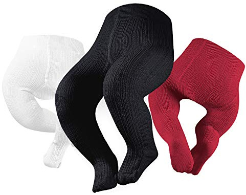 Petrass Baby Girls Cable Knitted Tights Infant Full-Footed Seamless Cotton Tights New-born Girls Seamless Leggings (Black/Ivory/Red, 0-3 Months)
