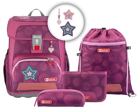 Step by Step Schulranzen-Set Cloud „Glamour Star Astra“ 5-teilig, lila-pink, Star-Design, ergonomischer Tornister mit Reflektoren, höhenverstellbar mit Hüftgurt für Mädchen ab der 1. Klasse, 19L